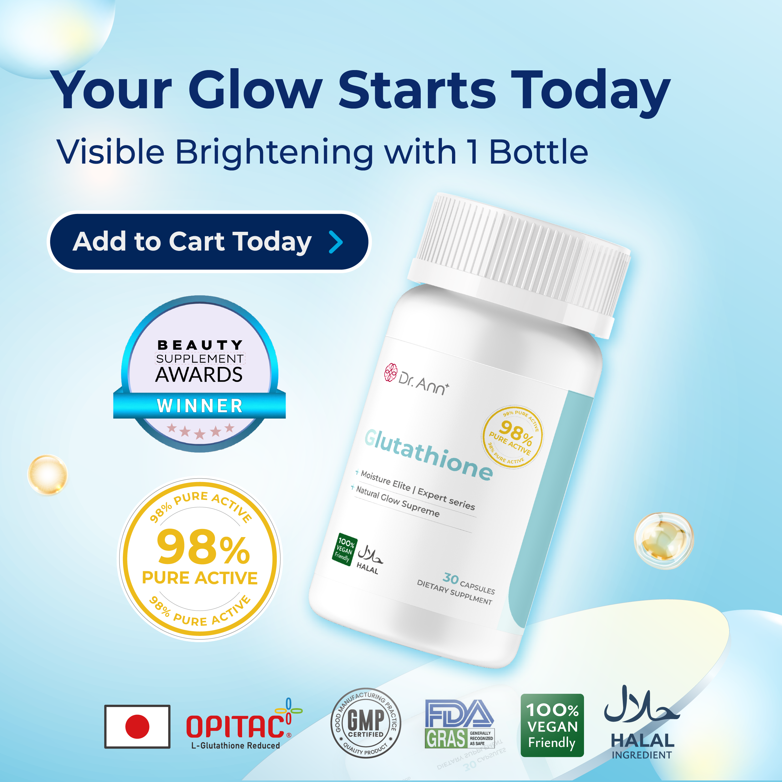 Glutathione — Skin Brightening Support, 98% Purity (30 Capsules)