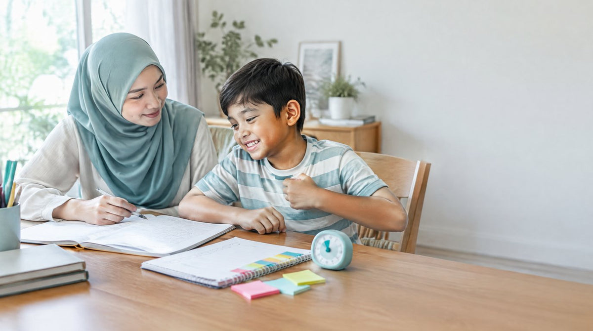 A mother calmly helping her energetic young son with homework using a checklist and timer
