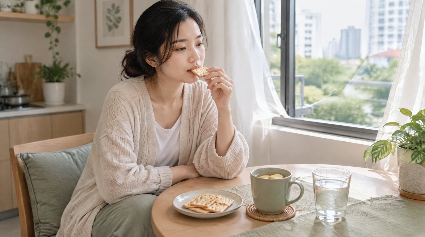 A woman in early pregnancy eating a plain cracker with ginger tea at a kitchen table