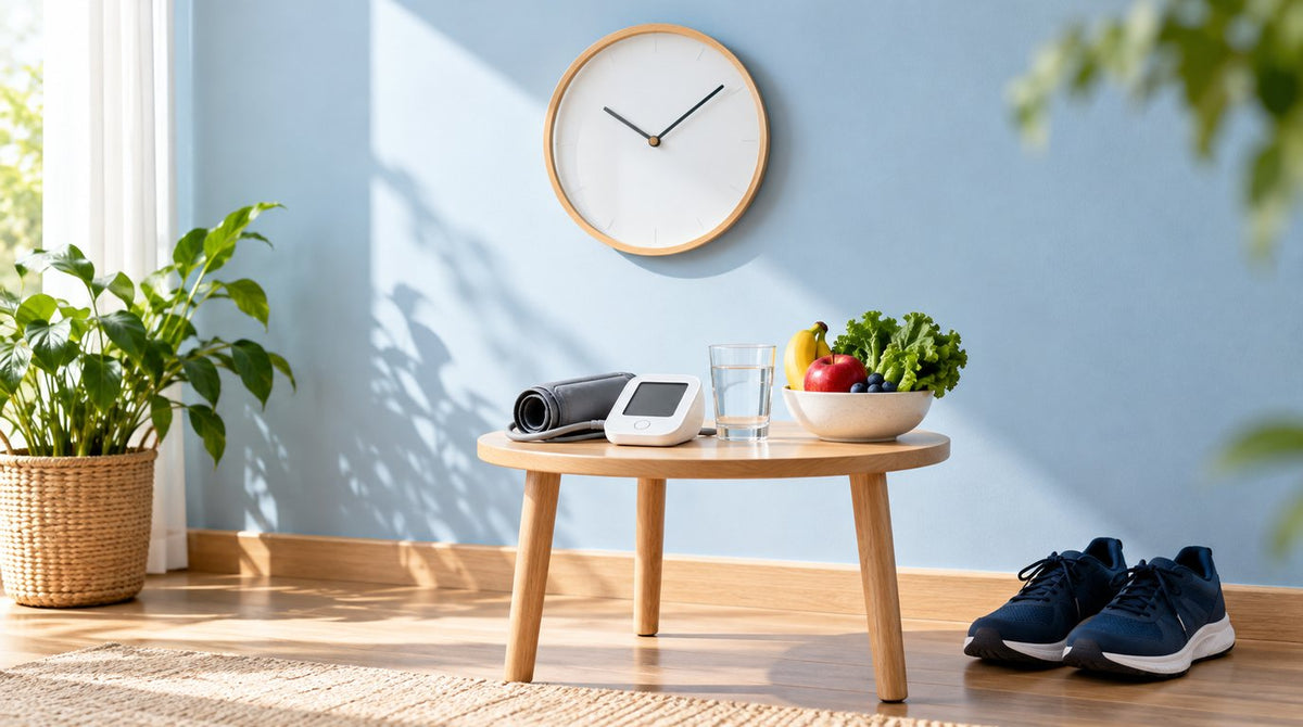 A round wall clock on a pale blue wall above a wooden side table with a home blood pressure monitor, a glass of water and a bowl of fruit and greens, with walking shoes on the floor