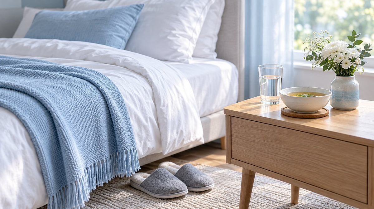 A neatly made bed with a folded pale blue blanket, grey slippers on a rug, and a glass of water, a bowl of clear soup and white flowers on a wooden bedside table