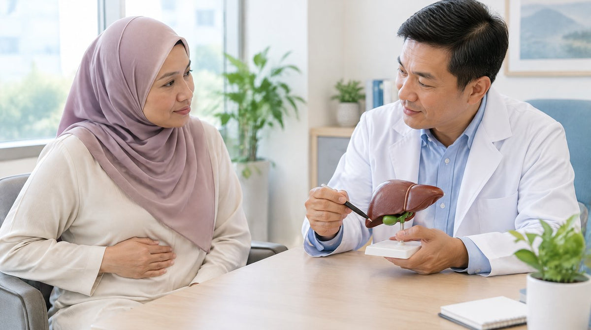 A doctor explaining a liver and gallbladder model to a woman in a clinic