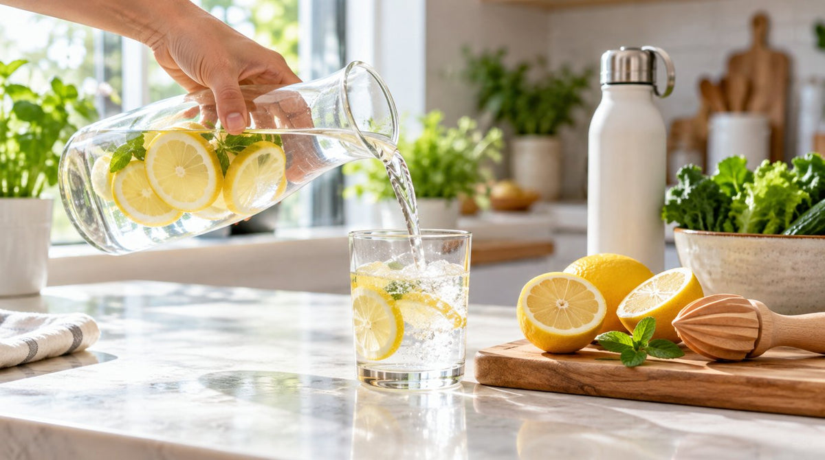 Hand pouring lemon water from a glass carafe into a glass on a bright kitchen counter beside fresh lemons, a squeezer and a water bottle