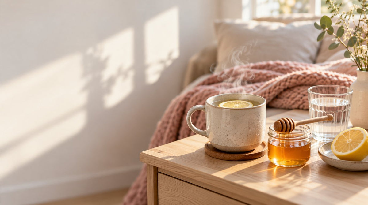 A steaming mug of warm water with a lemon slice, a jar of honey with a wooden dipper, half a lemon and a glass of water on a bedside table beside a pink knitted blanket
