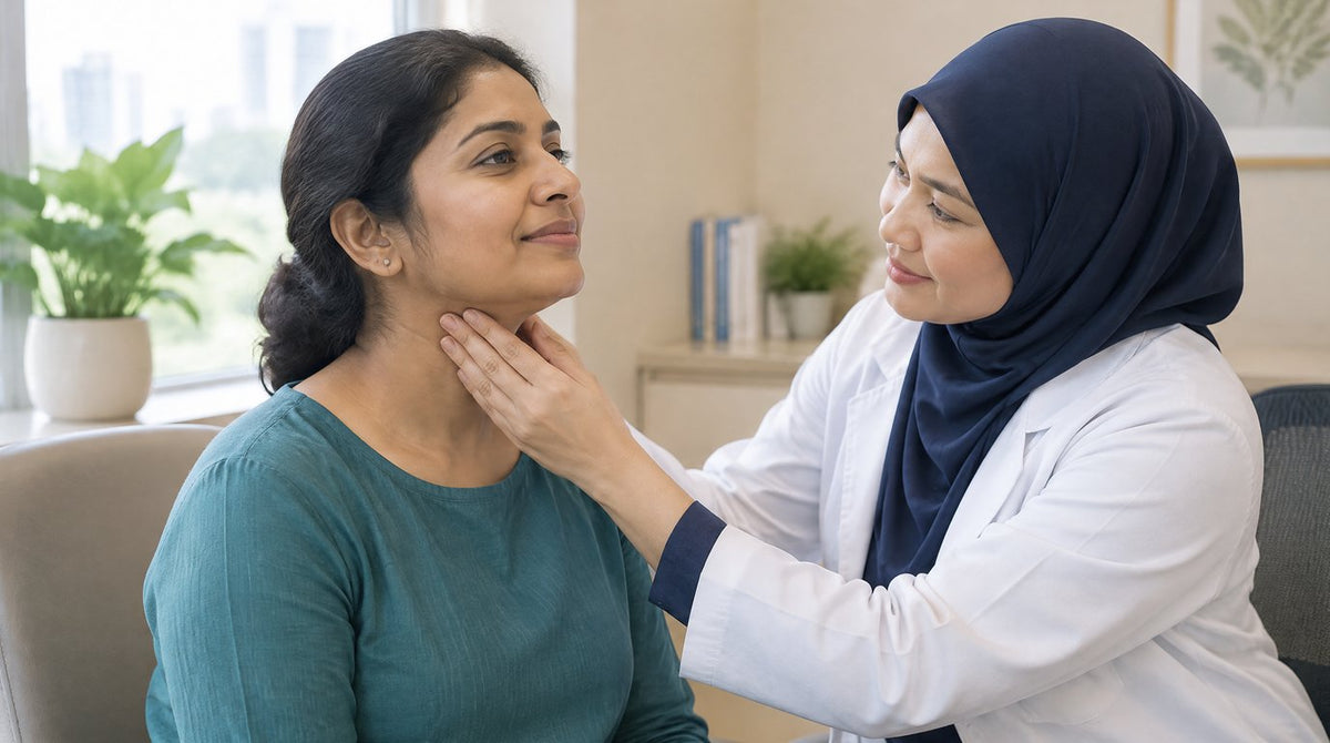 A doctor gently checking the neck of a woman in a clinic