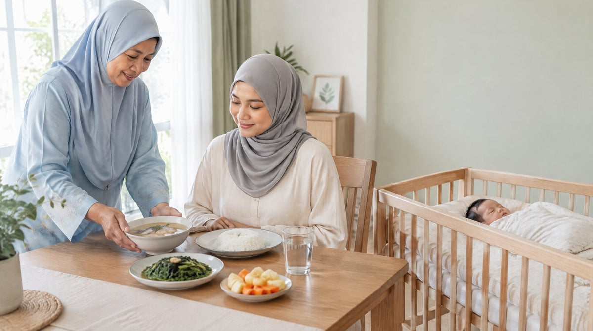 A grandmother serving fish soup, rice, vegetables and fruit to a new mother with her baby asleep in a cot