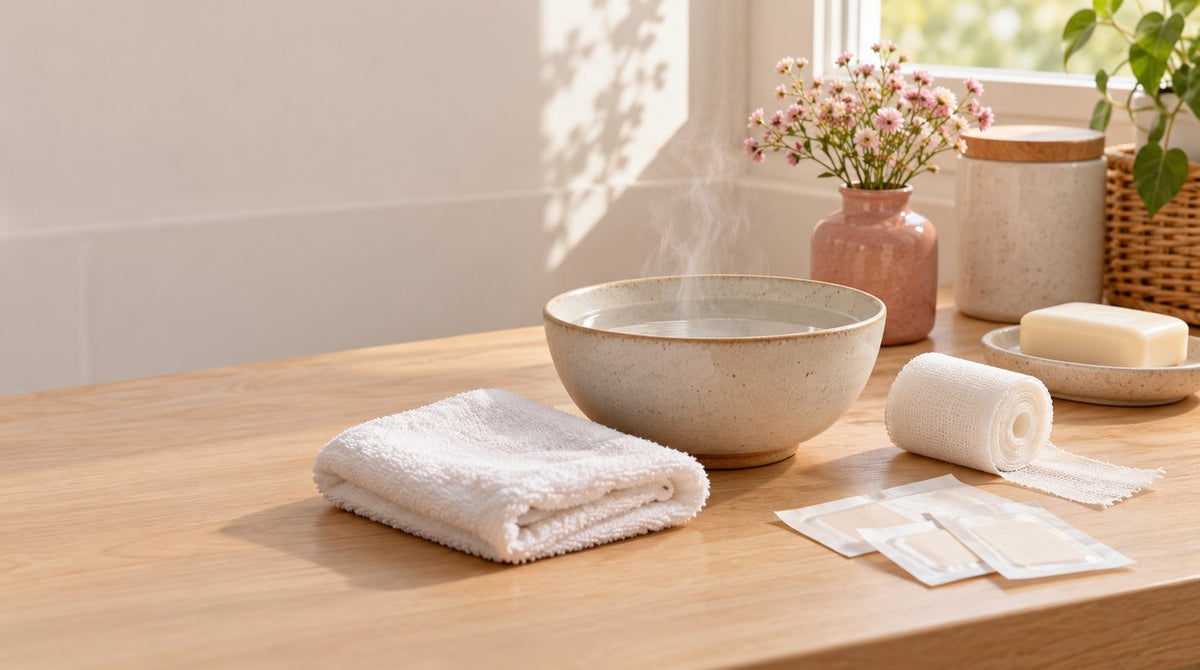 A steaming ceramic bowl of warm water beside a folded white face cloth, a roll of gauze, sterile dressings and a bar of soap on a sunlit wooden bathroom counter