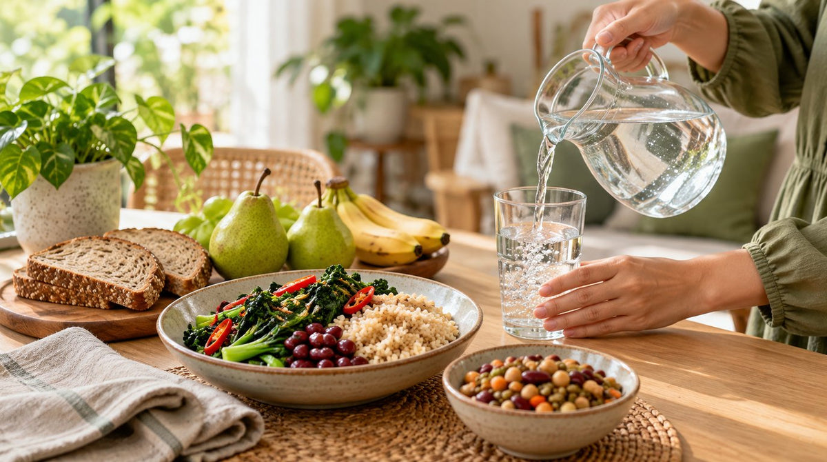 Hands pouring a glass of water beside high-fibre foods including brown rice with vegetables and beans, wholemeal bread, pears, bananas and lentils