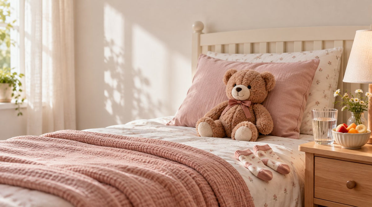 A child’s bed with pastel sheets, a pink knitted blanket, a teddy bear on the pillow, small cotton socks, and a glass of water and bowl of fruit on the bedside table in morning light