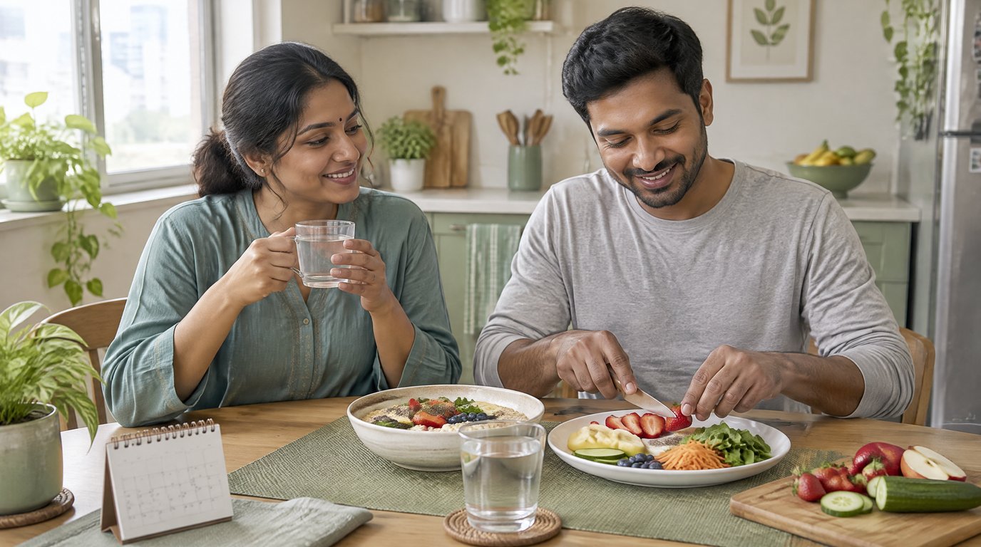 A couple sitting together at a kitchen table with a healthy breakfast