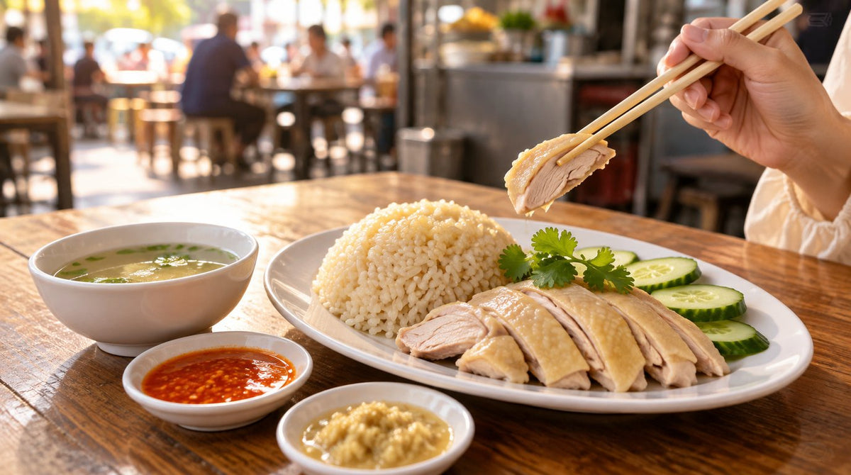 A plate of steamed chicken rice with cucumber, chilli sauce, minced ginger and a bowl of clear chicken soup at a Malaysian hawker stall