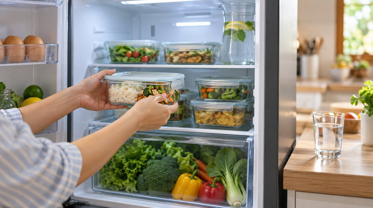 Hands placing a lidded glass container of leftover rice and vegetables into a clean, organised refrigerator, with a glass of water on the counter