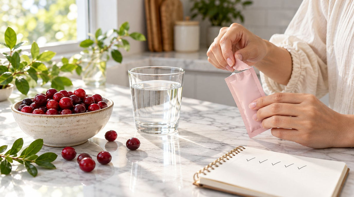 Fresh cranberries, a glass of water and a hand opening a daily supplement sachet on a marble kitchen counter