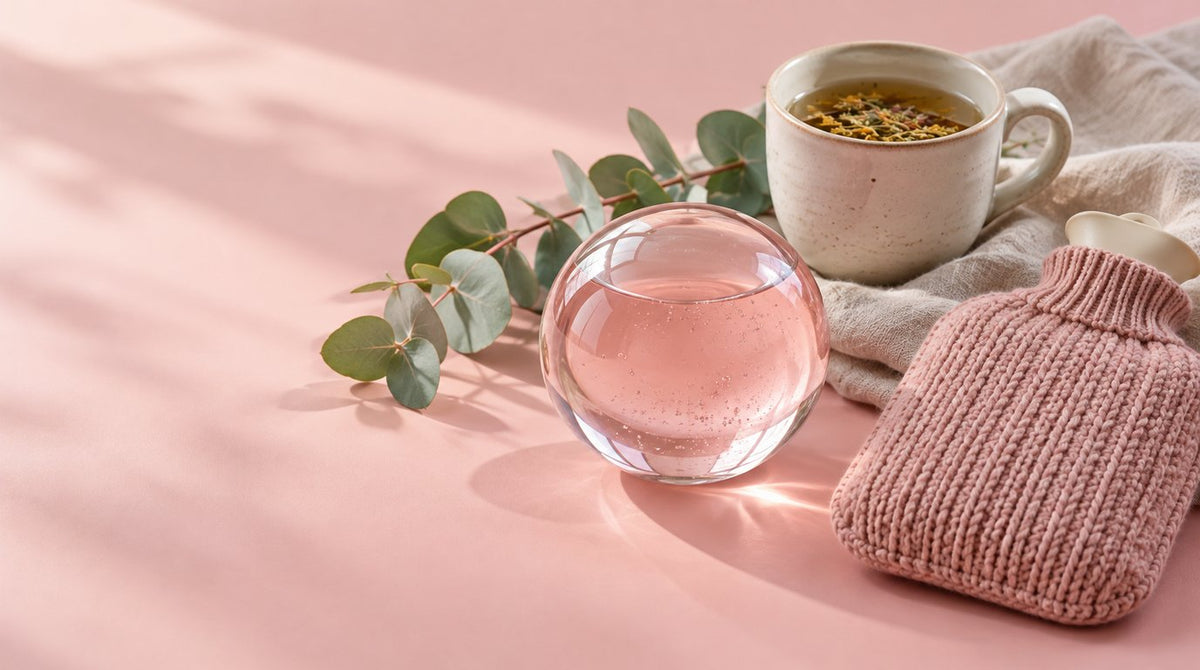 A clear glass sphere of pale pink liquid beside a eucalyptus sprig, a cup of herbal tea, a linen cloth and a knitted hot water bottle on a dusty-rose background
