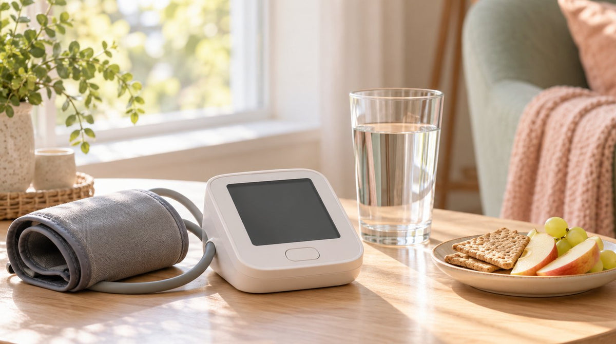 A home blood pressure monitor with its cuff, a glass of water and a plate of crackers, apple slices and grapes on a sunlit wooden table