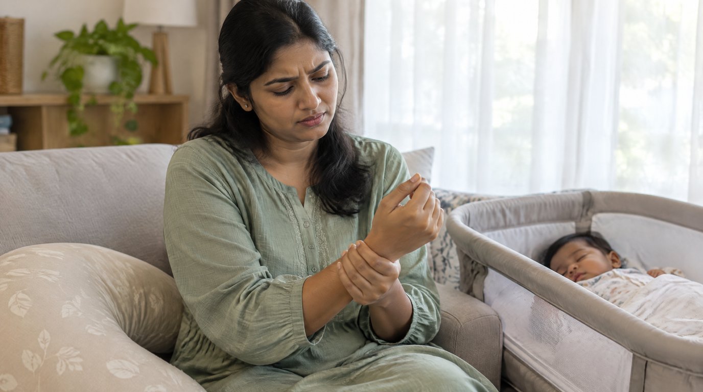 A new mother holding her sore wrist while her baby sleeps beside her