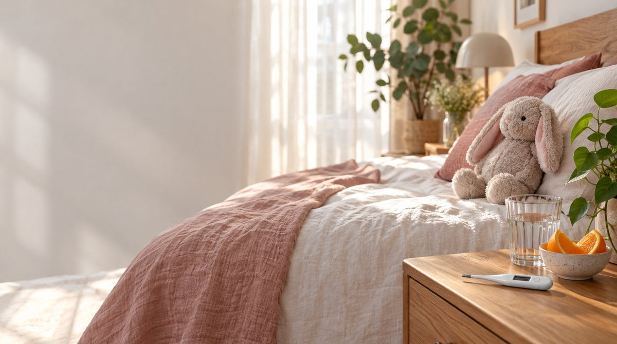 A bright bedroom with a light cotton bedspread, a plush toy rabbit on the pillow, and a digital thermometer, a glass of water and sliced orange on the bedside table