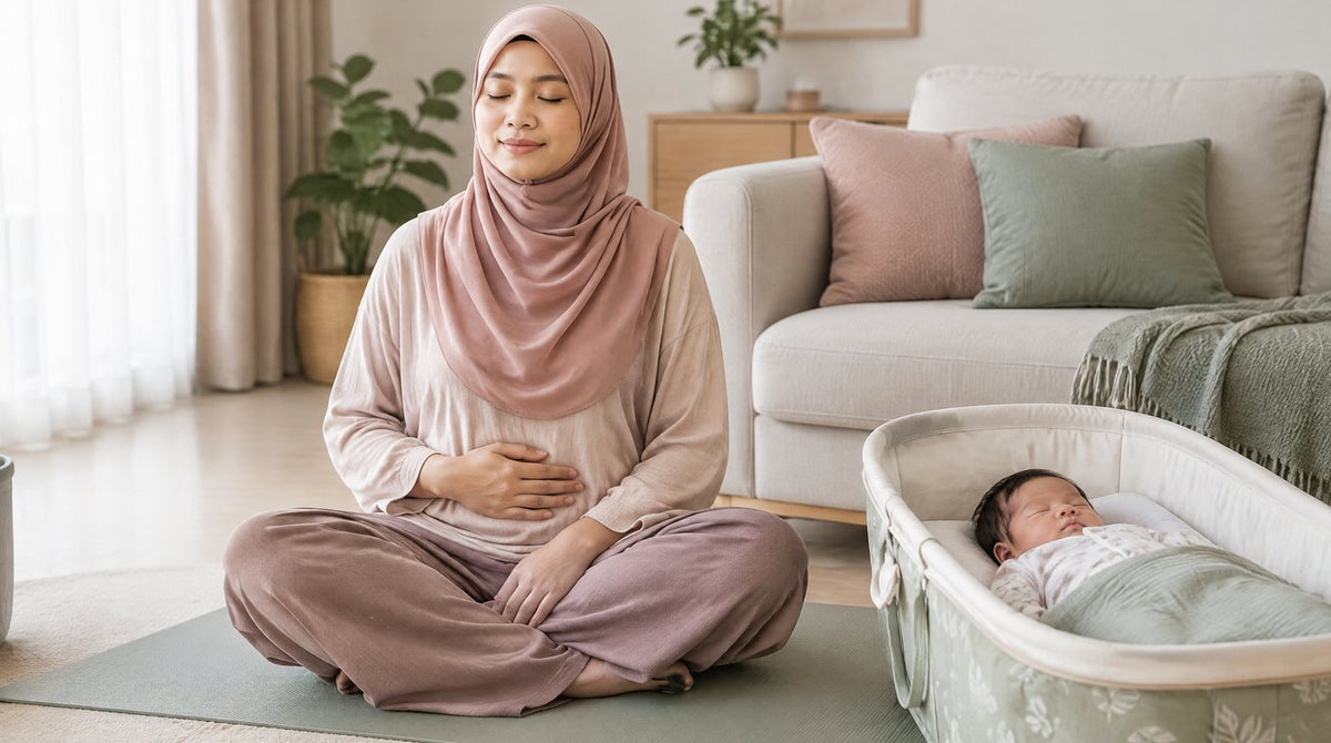 A new mother doing a calm breathing exercise beside her sleeping baby