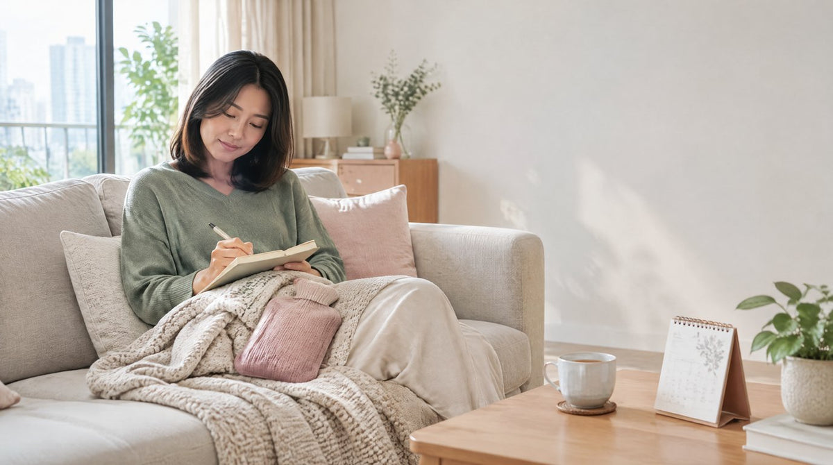 A woman resting on a sofa with a hot water bottle, writing in a period and symptom diary