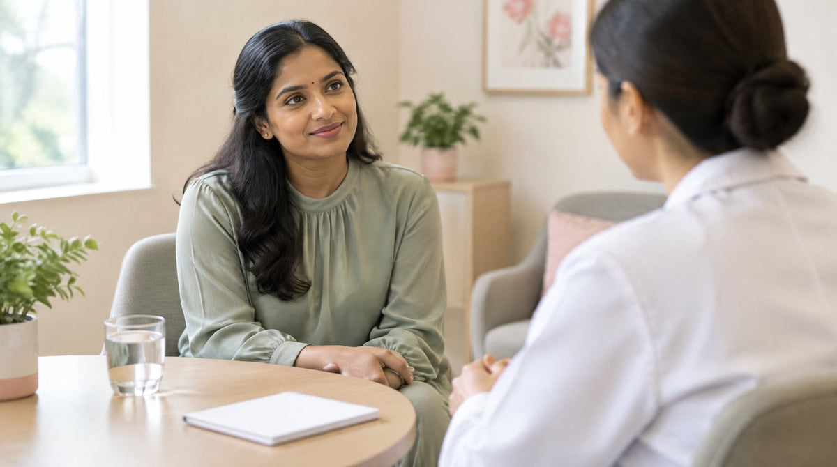 A woman talking with a female doctor in a clinic