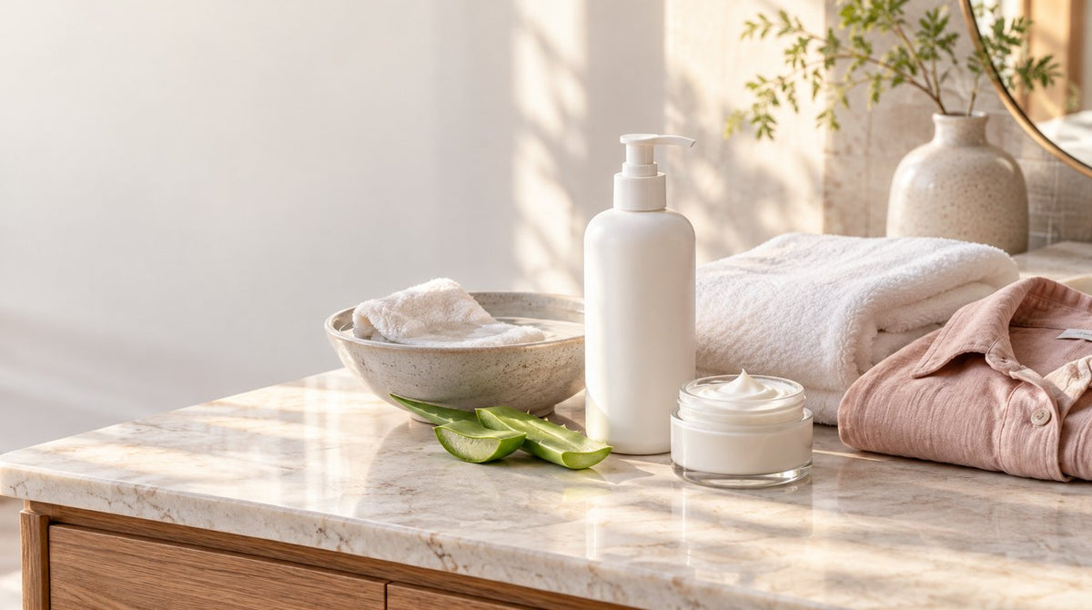 A white pump bottle of moisturiser, a jar of cream, a bowl of cool water with a folded cloth, aloe vera leaves, a folded towel and a loose cotton shirt on a bathroom counter