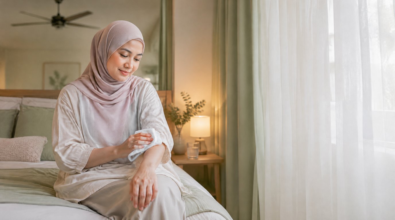 A woman in a hijab sitting on her bed holding a cool damp cloth against her forearm