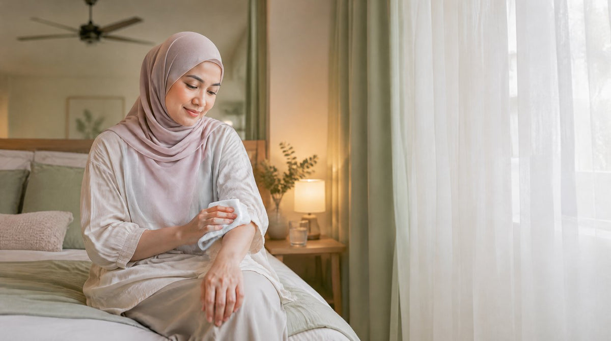 A woman in a hijab sitting on her bed holding a cool damp cloth against her forearm