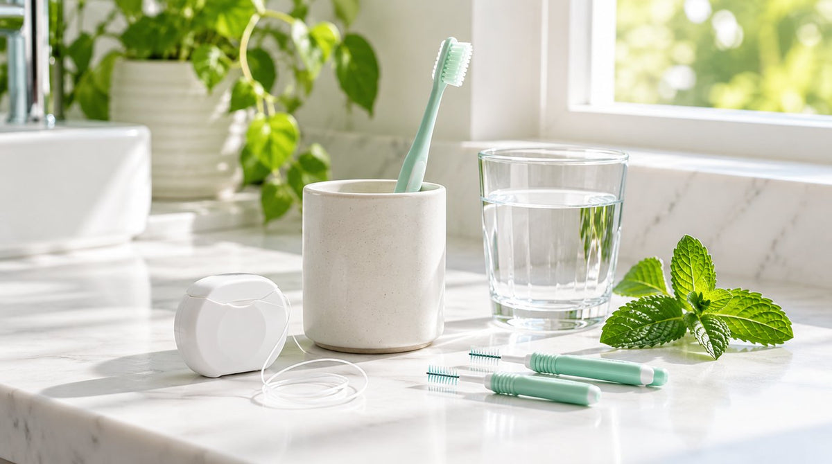 A mint-green toothbrush in a ceramic cup, dental floss, interdental brushes, a glass of water and fresh mint leaves on a sunlit white bathroom counter
