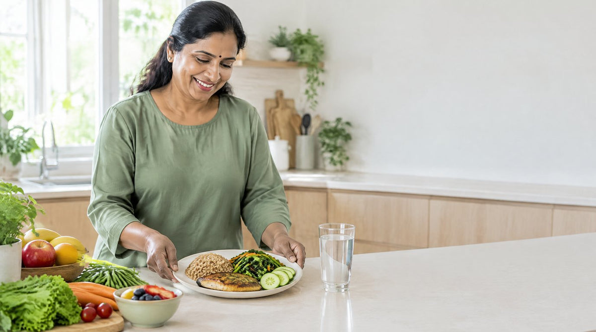 A woman in her kitchen plating a healthy lunch of brown rice, grilled fish and vegetables