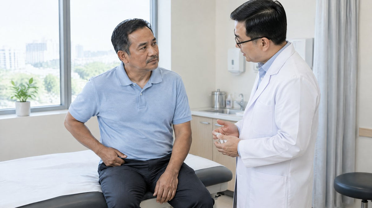 A man sitting on a clinic examination bed with his hand on his lower abdomen, talking to a doctor