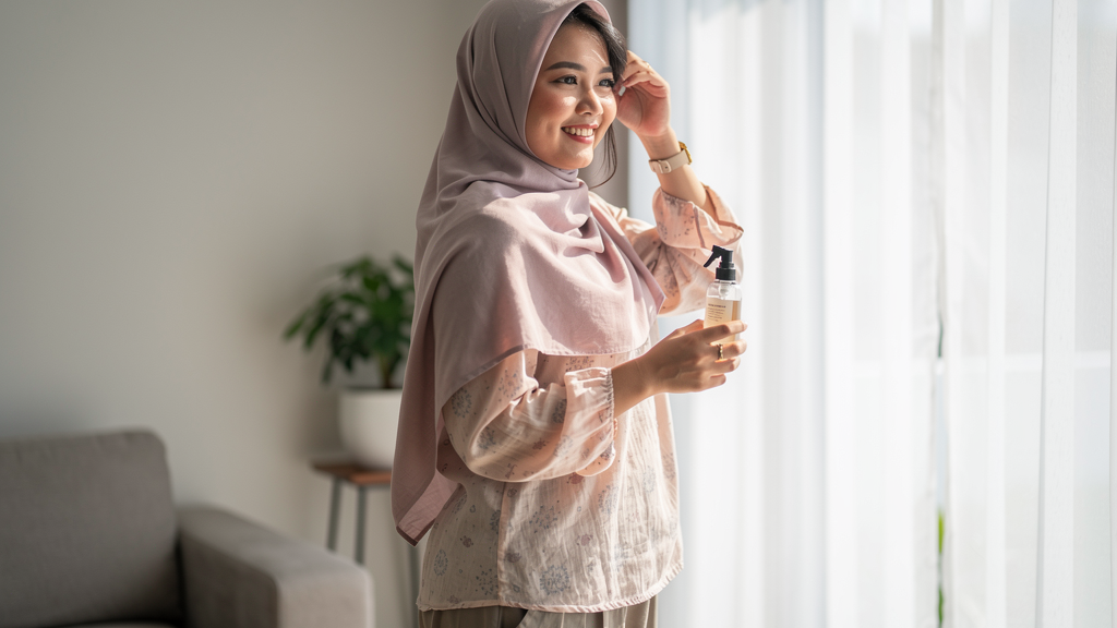 A woman in a hijab using scalp tonic to soothe irritation caused by haze-related hair fall in a bright living room