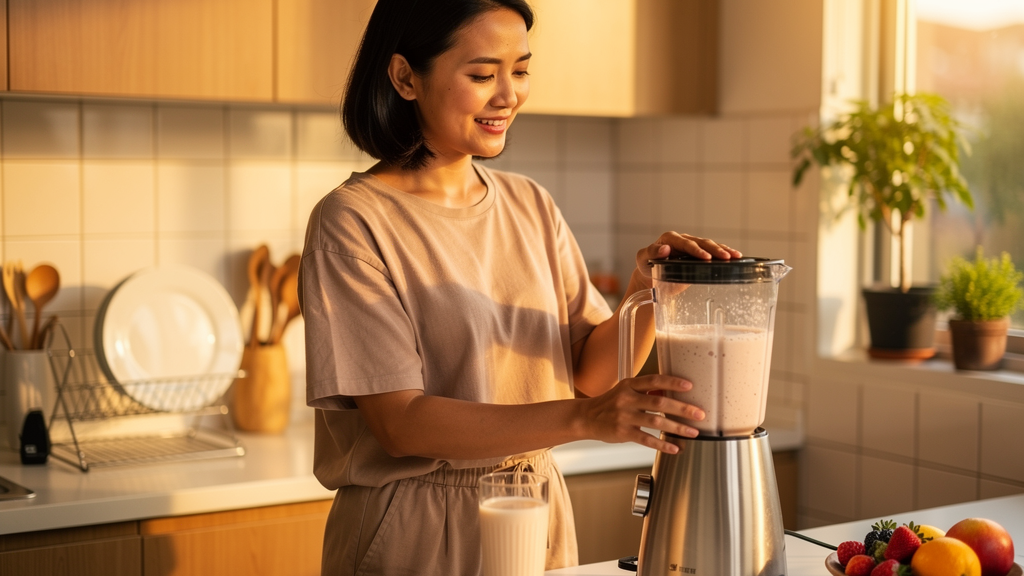 A Malaysian woman preparing a balanced protein shake in a sunlit kitchen to avoid late-night overeating