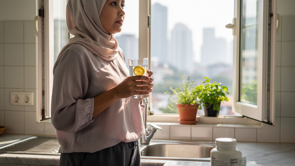 A woman looking out a window at hazy air while holding water, illustrating the reality of haze defence and supplements