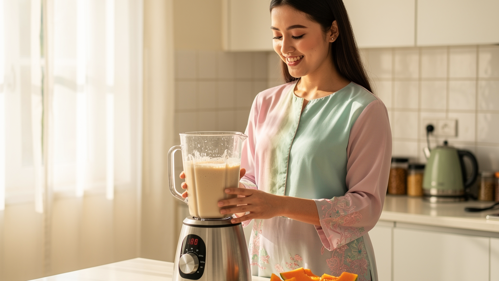 A Malaysian woman preparing a healthy protein shake in a bright kitchen to maintain a stable daily anchor for weight loss