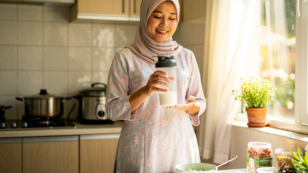 A Malaysian woman in a bright kitchen choosing a convenient high-protein meal replacement to avoid midday hunger