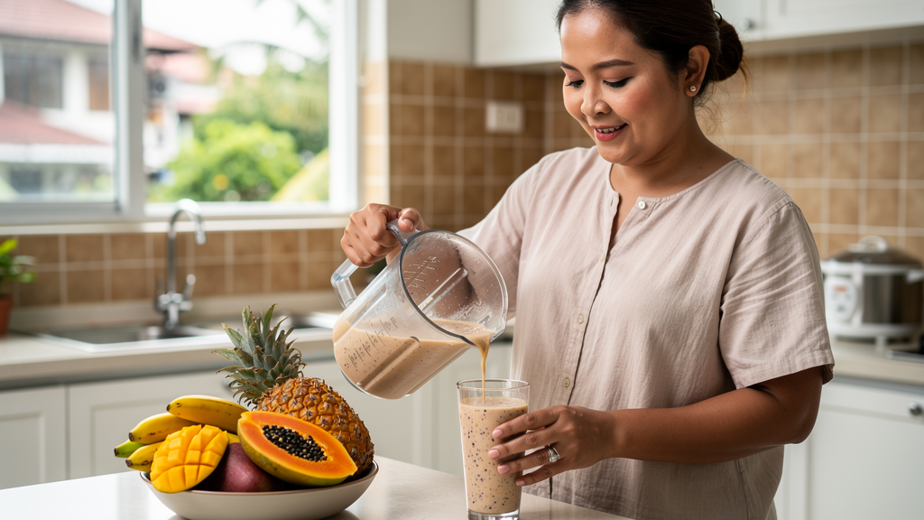 A woman in a bright kitchen prepares a meal replacement shake to maintain steady energy and avoid late-night snacking