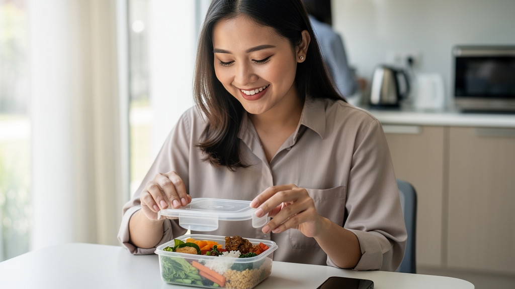 A Malaysian professional choosing a healthy packed lunch to avoid the 1 PM delivery app habit and afternoon slump
