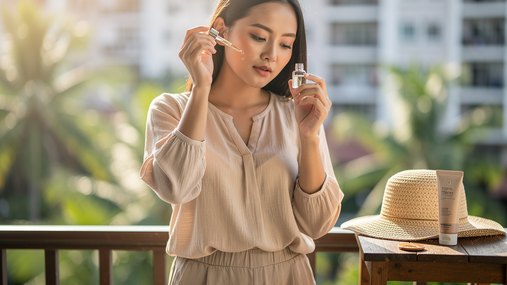 A woman applying a brightening niacinamide and alpha arbutin serum on a sunlit balcony to protect her skin from humidity