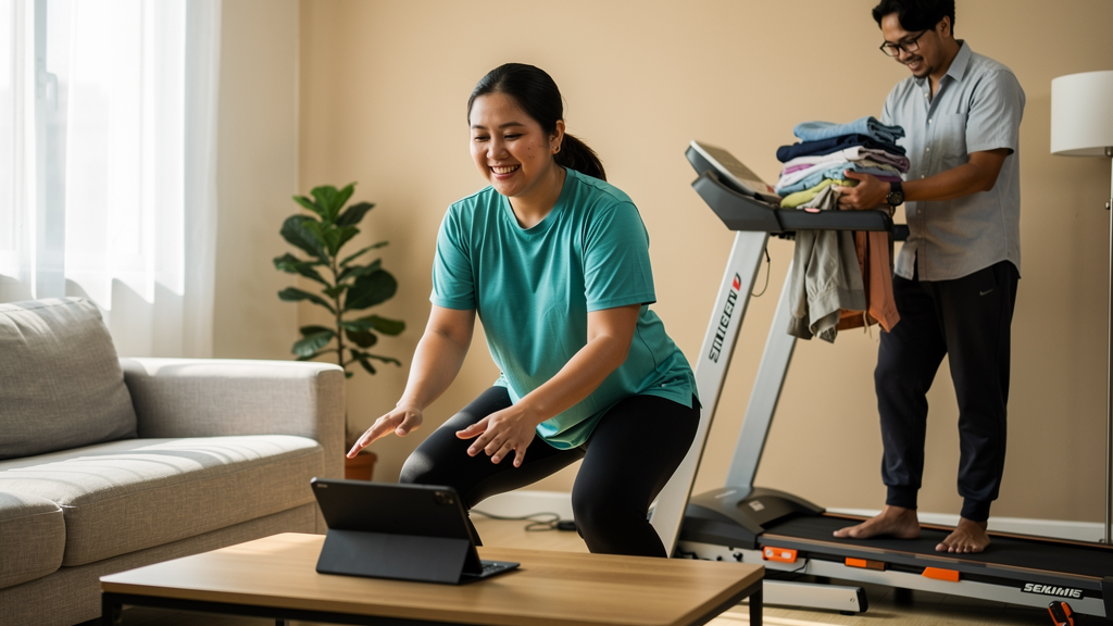 A woman exercising at home to maintain her fitness routine despite high API levels during a haze event