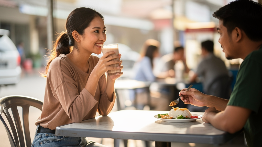 A woman enjoys a meal replacement shake at a bright, sunny cafe table to maintain satiety before a social dinner