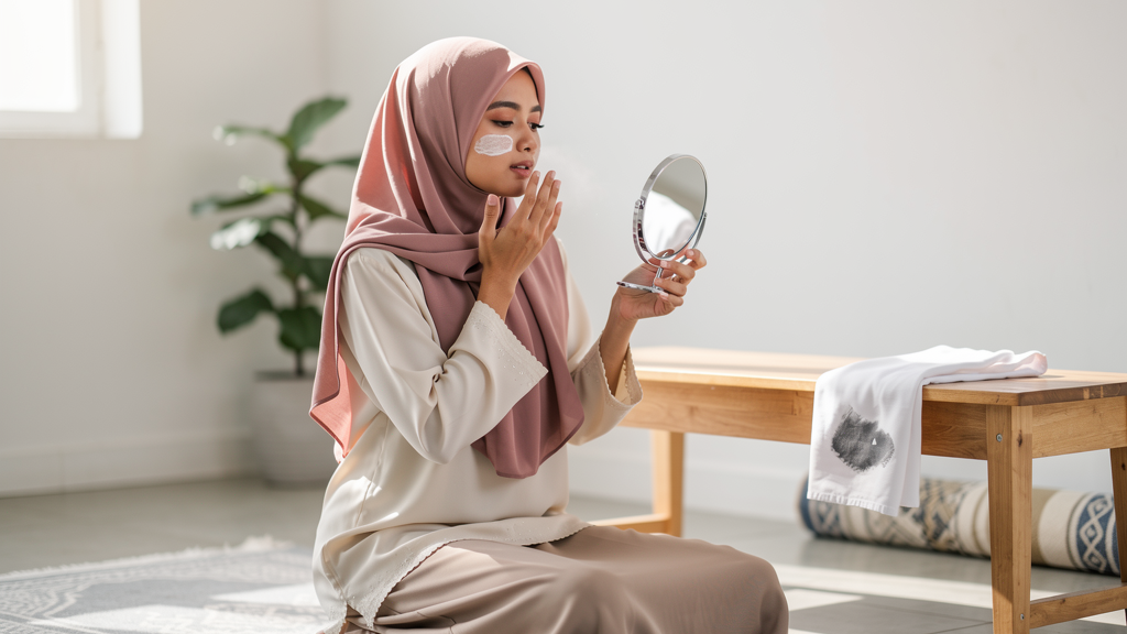 A woman refreshing her skin in a bright prayer room to protect against haze-induced dullness and irritation