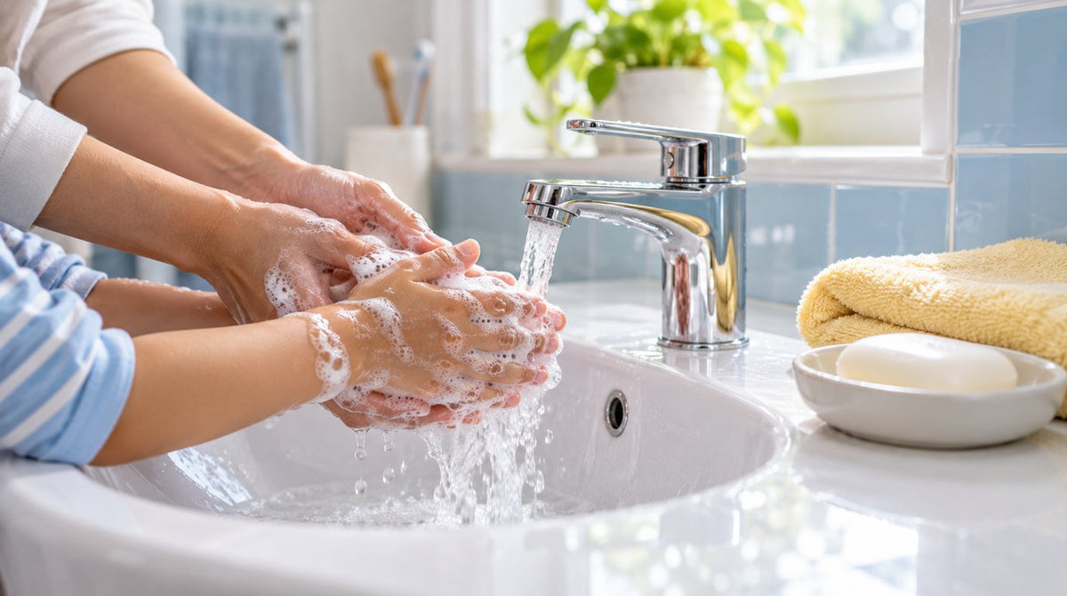 Adult hands helping a young child wash soapy hands under a running tap at a bathroom sink beside a yellow towel and a bar of soap