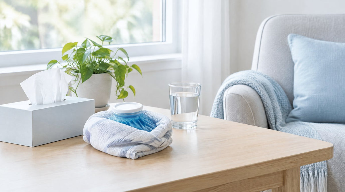 A box of tissues, an ice pack wrapped in a towel, a glass of water and a plant on a wooden table beside a light armchair