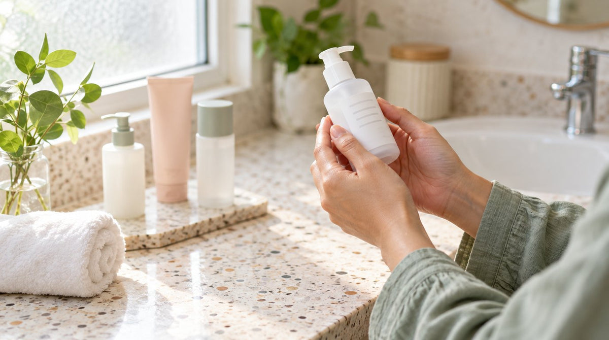 Hands holding a gentle feminine wash bottle and reading the back label at a bright bathroom vanity