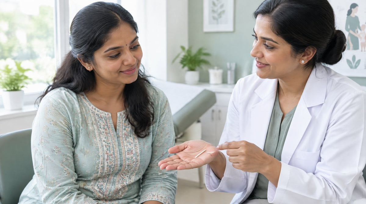 A woman at a family planning clinic as a female doctor shows her a small contraceptive implant rod