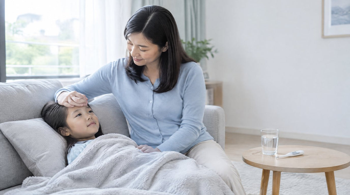 A mother gently checking the forehead of her daughter resting on the sofa with a glass of water nearby