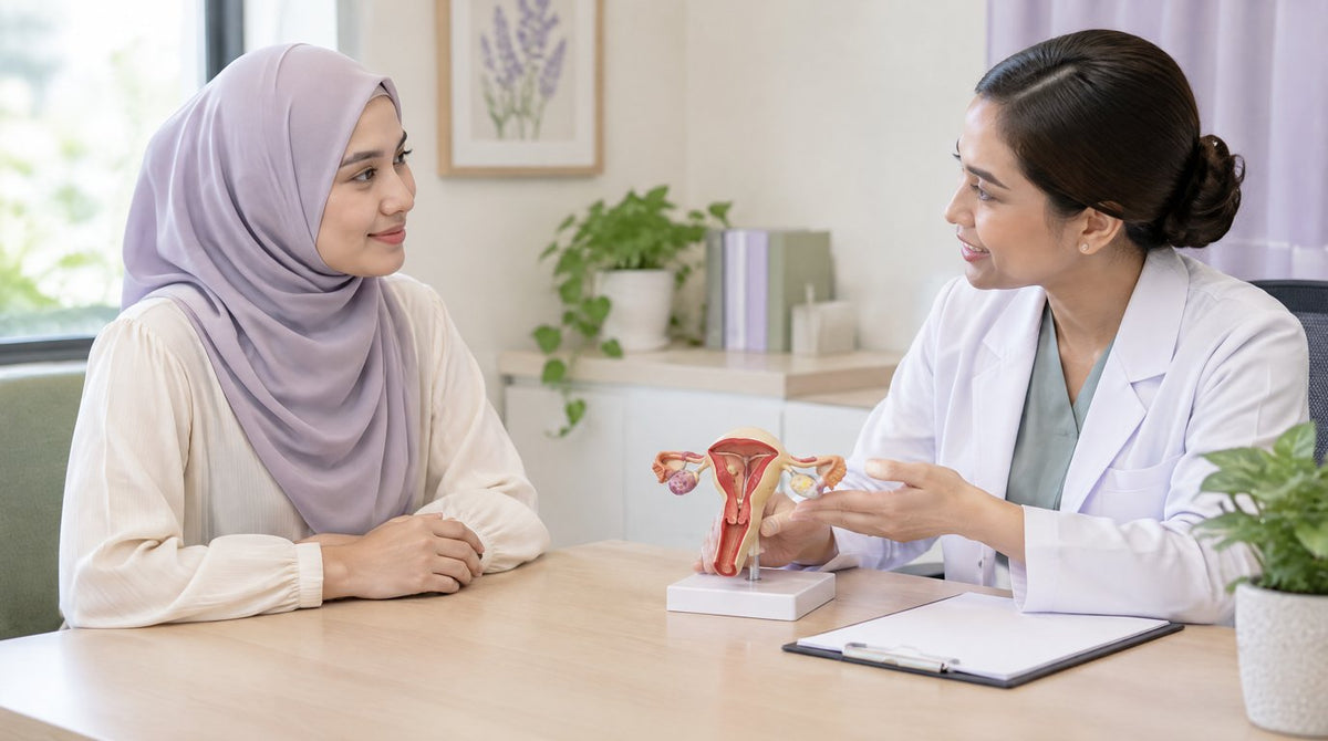 A doctor explaining contraception options to a woman in a clinic