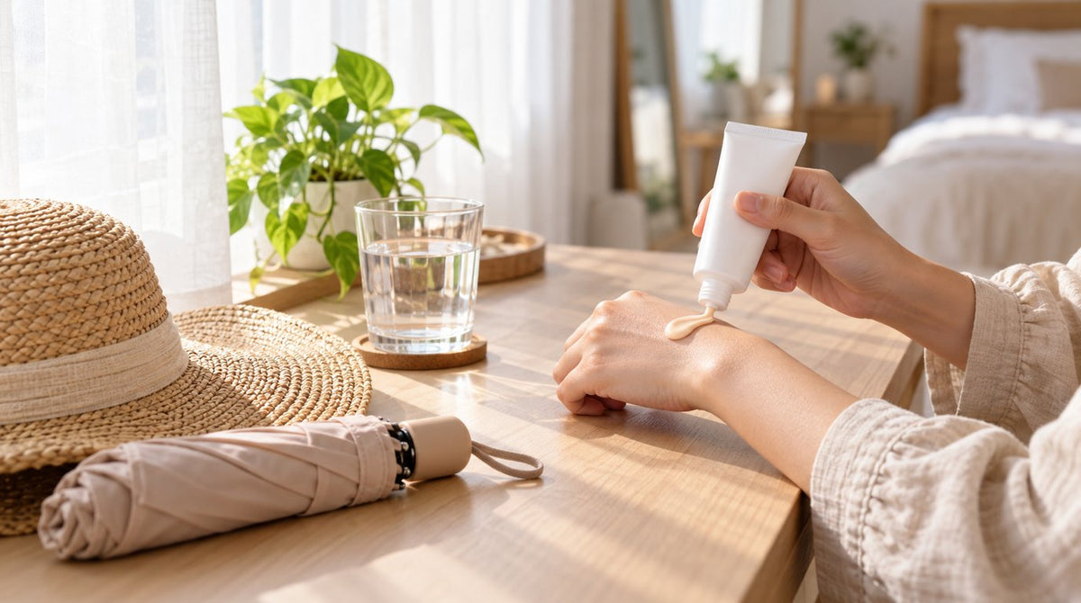 A woman applying tinted sunscreen to her hand beside a straw sun hat and umbrella by a sunny window