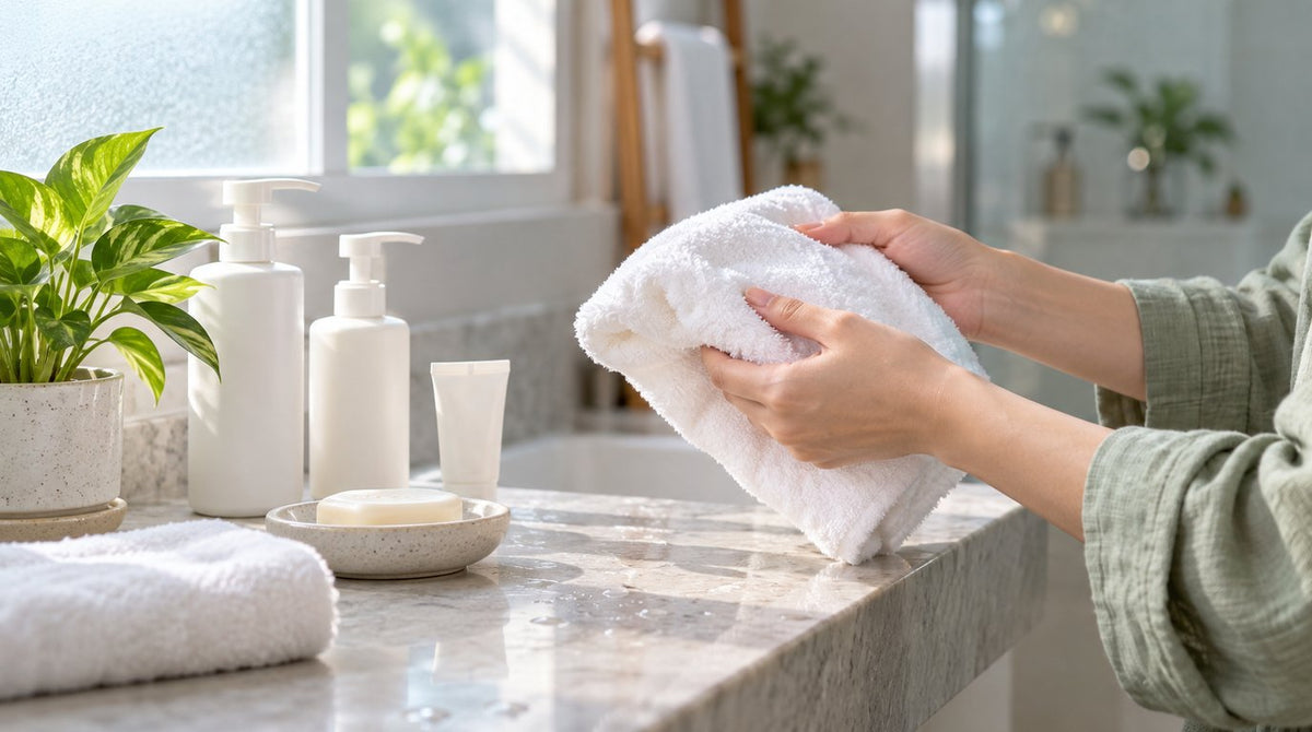 Hands holding a clean white face towel at a bathroom counter with plain skincare bottles, a soap bar and a green plant