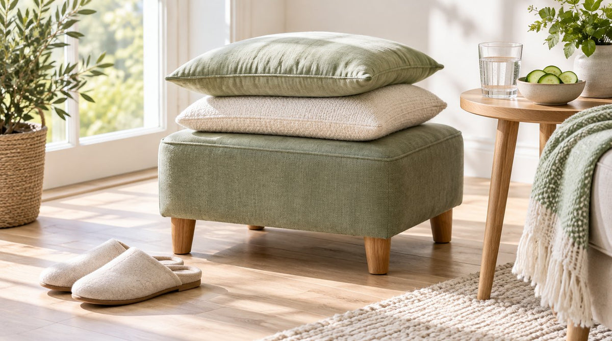 A sage-green footstool with two stacked cushions, soft slippers on a wooden floor, and a glass of water with cucumber slices on a side table in a sunny room
